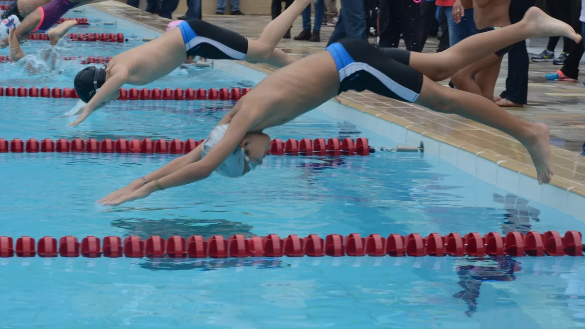 Nadadores em salto de largada durante competição
