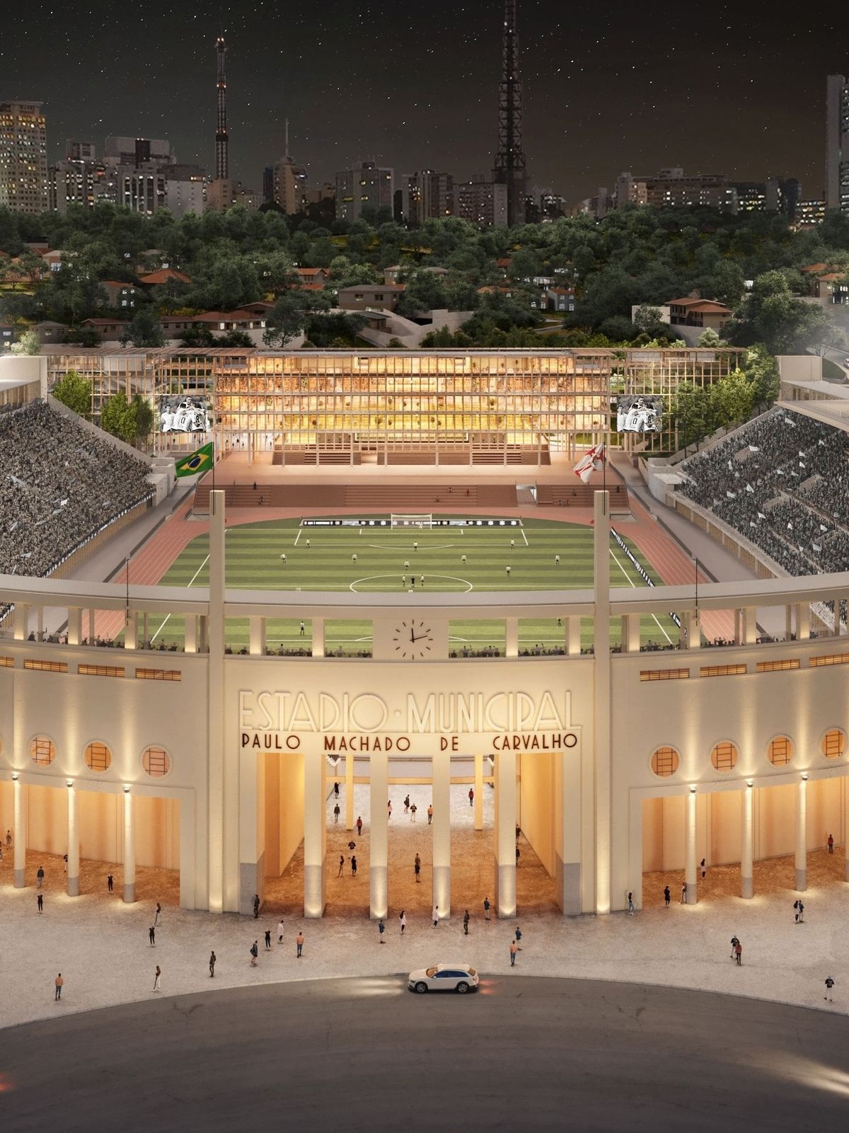 Detalhe arquitetônico Art Déco da fachada do Pacaembu