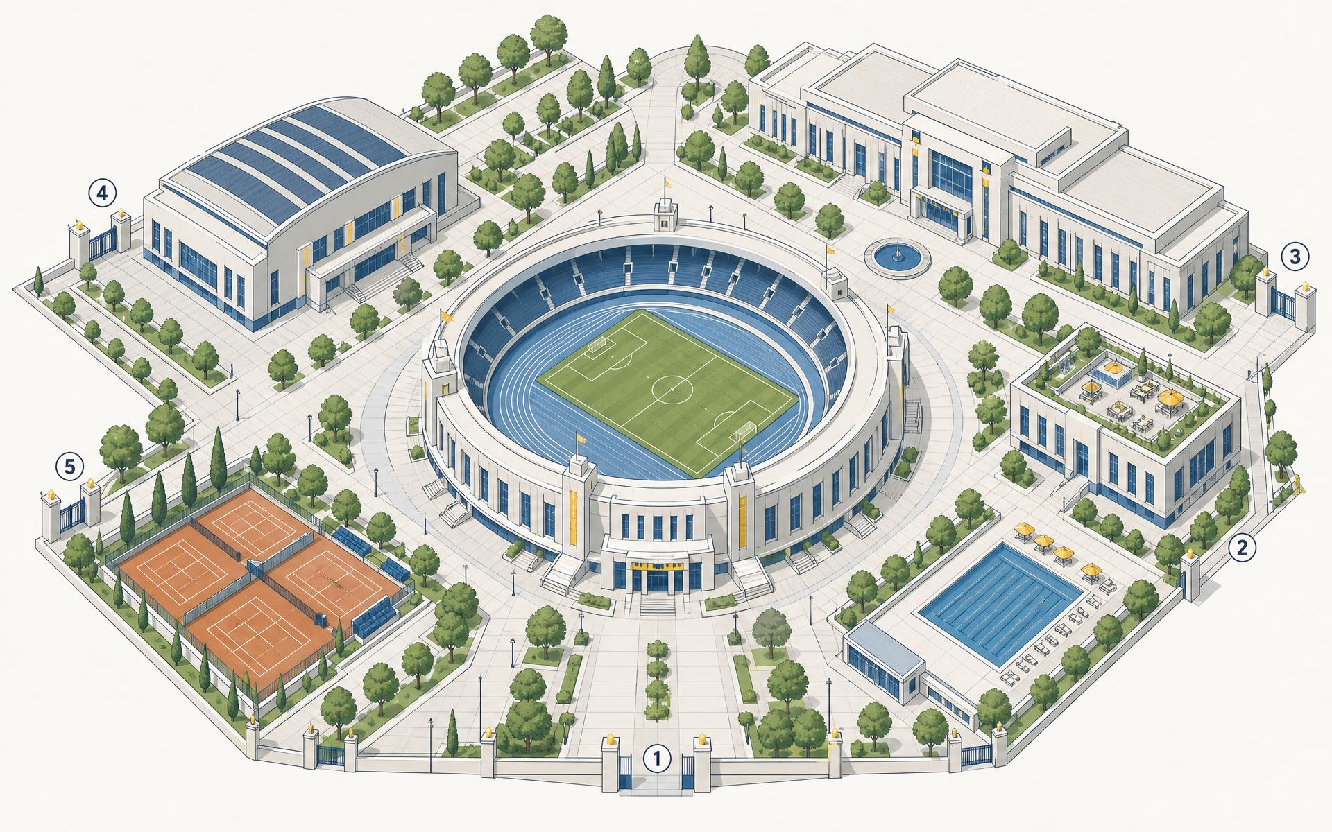 Mapa ilustrado do complexo da Mercado Livre Arena Pacaembu, com arena principal, ginásio, centro de convenções, quadras de tênis, piscina e portões numerados